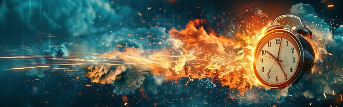 Clock on fire times burning end in fiery clock Running after time, alarm clock burning in fire, exploding rush hour
