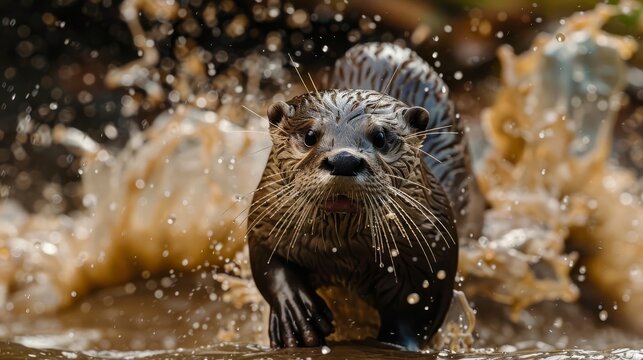 An otter sliding down a muddy riverbank into the water