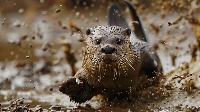 An otter sliding down a muddy riverbank into the water