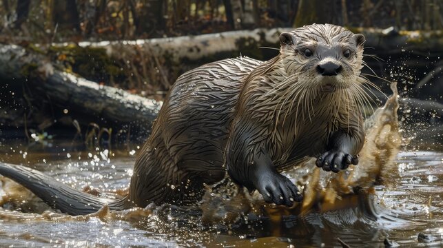An otter sliding down a muddy riverbank into the water