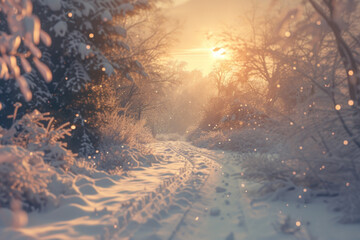 Golden sunrise filtering through a snow-covered forest path, creating a magical and serene winter morning atmosphere.