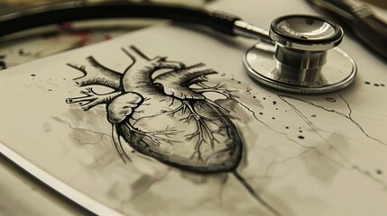Stethoscope on an old anatomical illustration of the heart