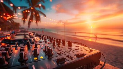 Beach party festival with dj mixing, Close up portrait of dj mixer table with beautiful evening...