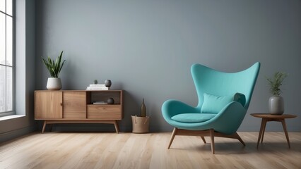 vintage interior of living room, Turquoise lounge chair with wood cabinet on Cool Gray wall