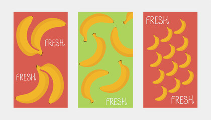 Banana poster set. Vector illustration for poster, card, print, background, wallpaper, banner, advertisement, label.