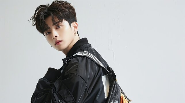 A photo of a handsome and cute Korean idol, wearing a black bomber jacket, a windbreaker vest tied around his waist, and posing sideways. copy space for text.