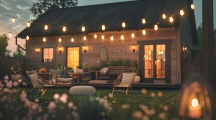 Beautiful suburban house patio in summer evening with garden lights