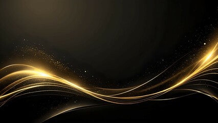 Dark black luxury background with shiny gold wave lines