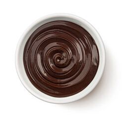 Melted chocolate cream swirl isolated on white background, top view