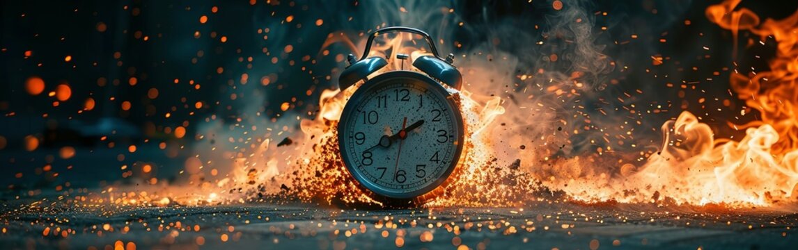 Clock on fire times burning end in fiery clock Running after time, alarm clock burning in fire, exploding rush hour