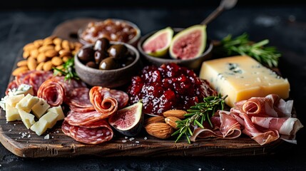 charcuterie display, cozy charcuterie board featuring prosciutto, salami, brie, nuts, and fig jam on a rustic wooden platter, perfect for a relaxed evening get-together