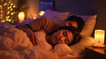 Asian couple sleeping soundly in bed under the soft light of LED bedside lamp, symbolizing comfortable sleep in an organized bedroom environment. copy space for text.