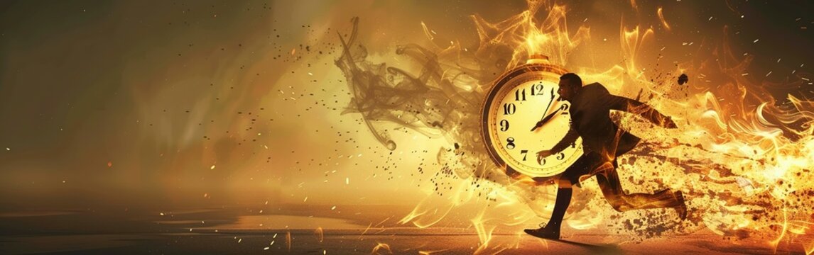 Clock on fire times burning end in fiery clock Running after time, alarm clock burning in fire, exploding rush hour
