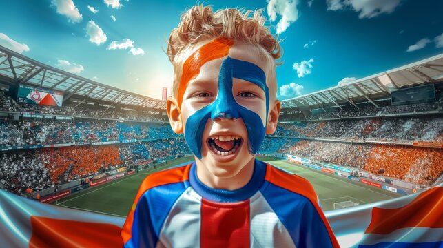 child boy soccer fun with painted face of flag Netherlands in football stadium
