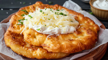 Delicious lángos in the market with sourcream and cheese. Langos is a traditional hungarian food deep fried flat bread with yeast dought