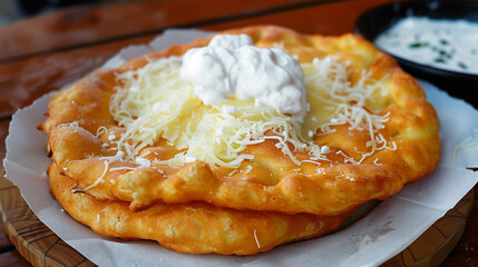 Naklejka premium Delicious lángos in the market with sourcream and cheese. Langos is a traditional hungarian food deep fried flat bread with yeast dought