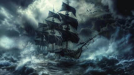 Dark fantasy illustration, pirate ship on stormy sea. copy space for text.