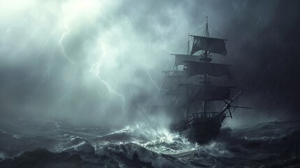 Obraz premium Dark fantasy illustration, pirate ship on stormy sea. copy space for text.