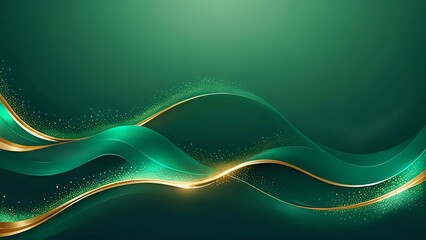 Dark green luxury background with shiny gold wave lines