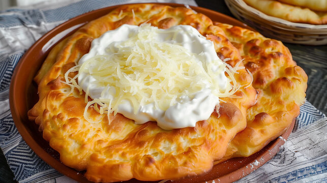 Delicious l&aacute;ngos in the market with sourcream and cheese. Langos is a traditional hungarian food deep fried flat bread with yeast dought