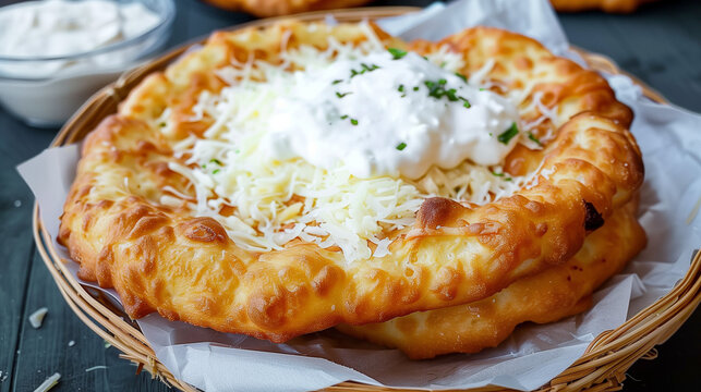 Delicious l&aacute;ngos in the market with sourcream and cheese. Langos is a traditional hungarian food deep fried flat bread with yeast dought
