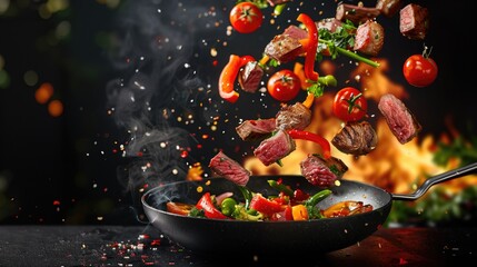 The background features visible flames, adding intensity to the cooking process