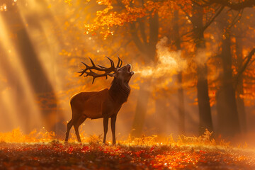 Male deer with its large antlers bellowing during the mating season in the middle of a colorful autumn forest.