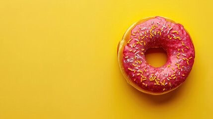 vibrant donut with pink icing and sprinkles on yellow background