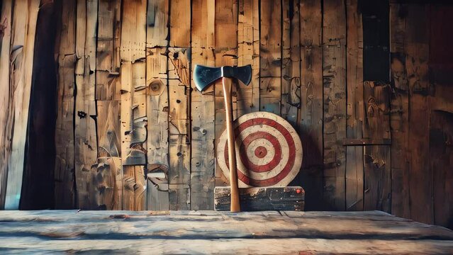 Axe leaning on wooden target board with marks rustic background