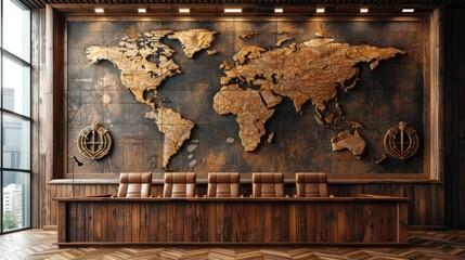 Reverse Silhouette of a courtroom with international trade law emblems