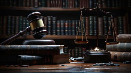 Reverse Silhouette of a gavel and scales in front of trade law books