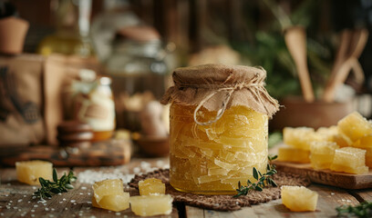 old glass jar with beef tallow, a classic fat for flavoring dishes, embodies the rustic kitchen style