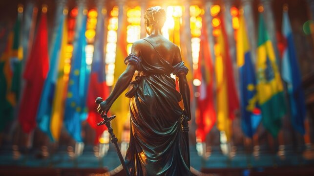 Reverse Silhouette of a courtroom with international trade law emblems