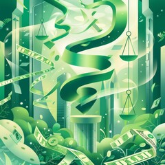 An abstract illustration showcasing swirling green dollar signs symbolizing rapid financial growth and economic prosperity.