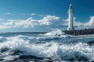 A lighthouse is on a rocky shoreline with crashing waves. The lighthouse is white and tall, and the waves are high and powerful