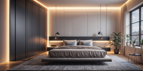 bedroom with large windows, a grey bed, and black walls.