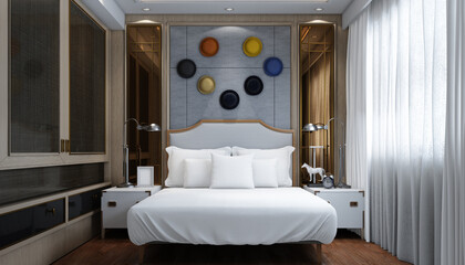 Realistic bright modern double bedroom