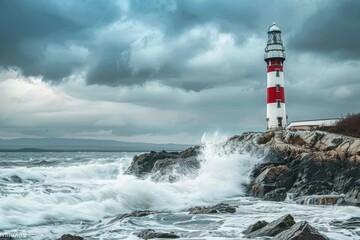 A lighthouse is on a rocky shoreline with crashing waves. The lighthouse is white and tall, and the waves are high and powerful