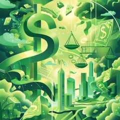 A unique visual representation of finance through a stylized green landscape with classical architecture, symbolizing economic stability and growth.