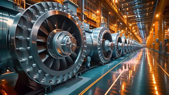 Row of turbines generating electricity in the Dam ,generative ai