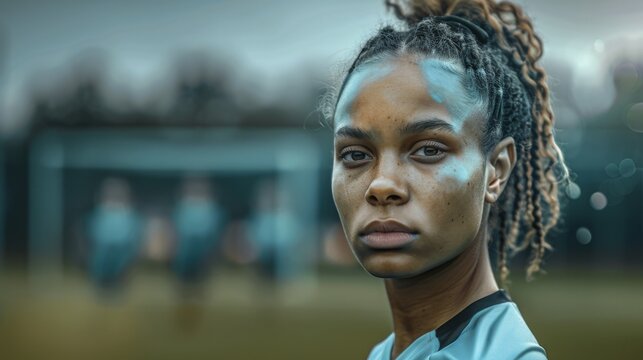 Determined multiethnic female soccer players ready for the game. Generative AI image