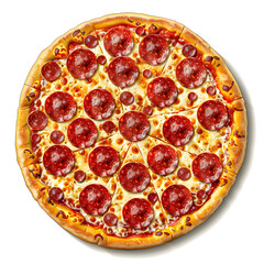 Vector illustration of a pepperoni pizza on a white background. Suitable for crafting and digital design projects.[A-0002]