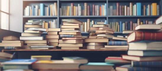 library with open old textbooks, stacks of archival literary texts on reading tables, and aisles of bookshelves