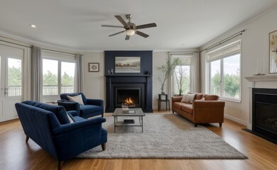 Modern professional photograph of a navy blue and silver luxury living room interior with floor-to-ceiling windows and a cozy fireplace