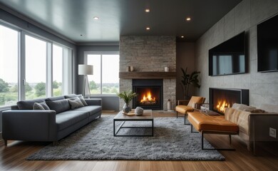 Modern professional photograph of a navy blue and silver luxury living room interior with floor-to-ceiling windows and a cozy fireplace