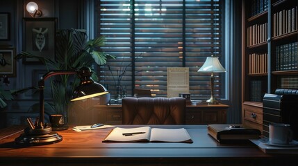 NoirThemed Detectives Notepad A D Rendered Concept of a Dimly Lit Office Investigation