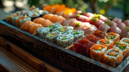 sushi pieces arranged in a traditional japanese bento box, artfully displayed on a wooden table in a classic presentation against a clean, natural backdrop