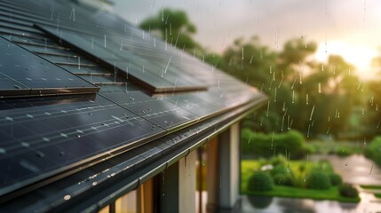 Fototapeta premium close up photo of new suburban house with a photovoltaic system on the roof. solar panels on the gable roof, rain falling down 