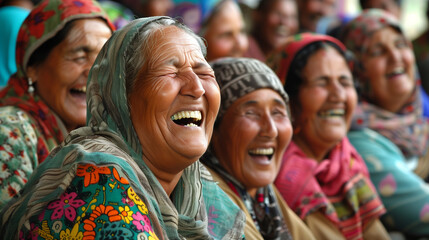 A picture with a lot of laughing and smiling people sitting together, happy and helping each other with love and wonderful harmony.
