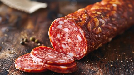 uncured meat of sliced salami on cutting board, national salami day 
